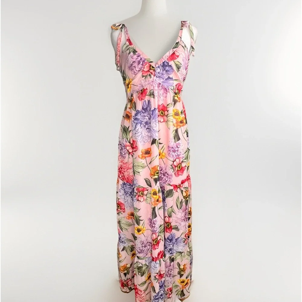 Express Floral Tiered Maxi Dress‎ Pink Tie Strap Cottagecore Romantic Feminine S